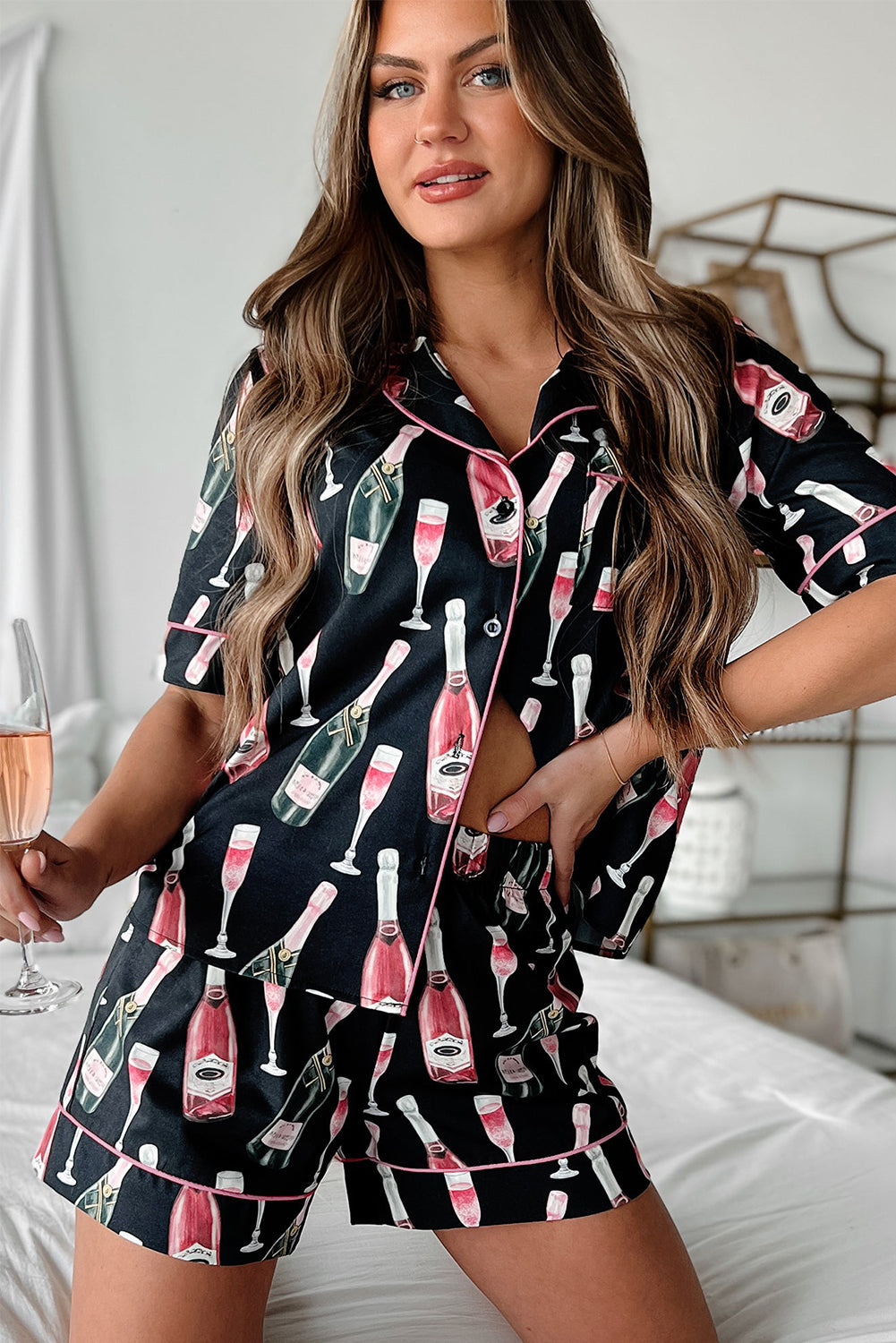 Black Champagne Print Silky Pajamas Set