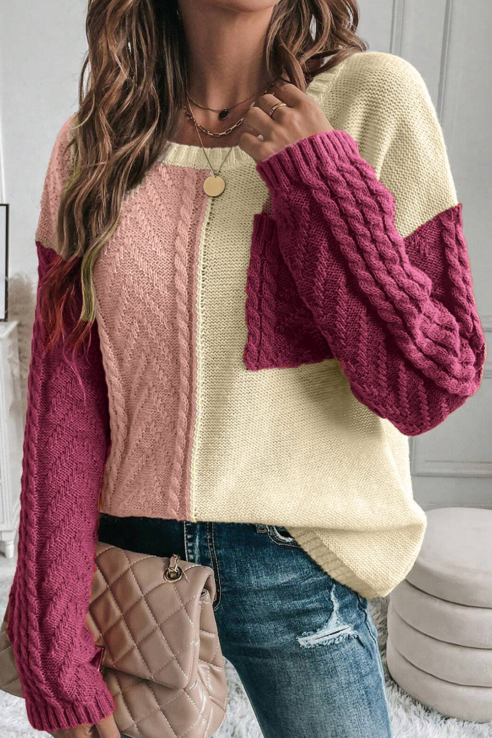 Green Colorblock Drop Shoulder Sweater