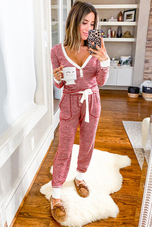 Red Striped Knotted Waist Loungewear Pant Set