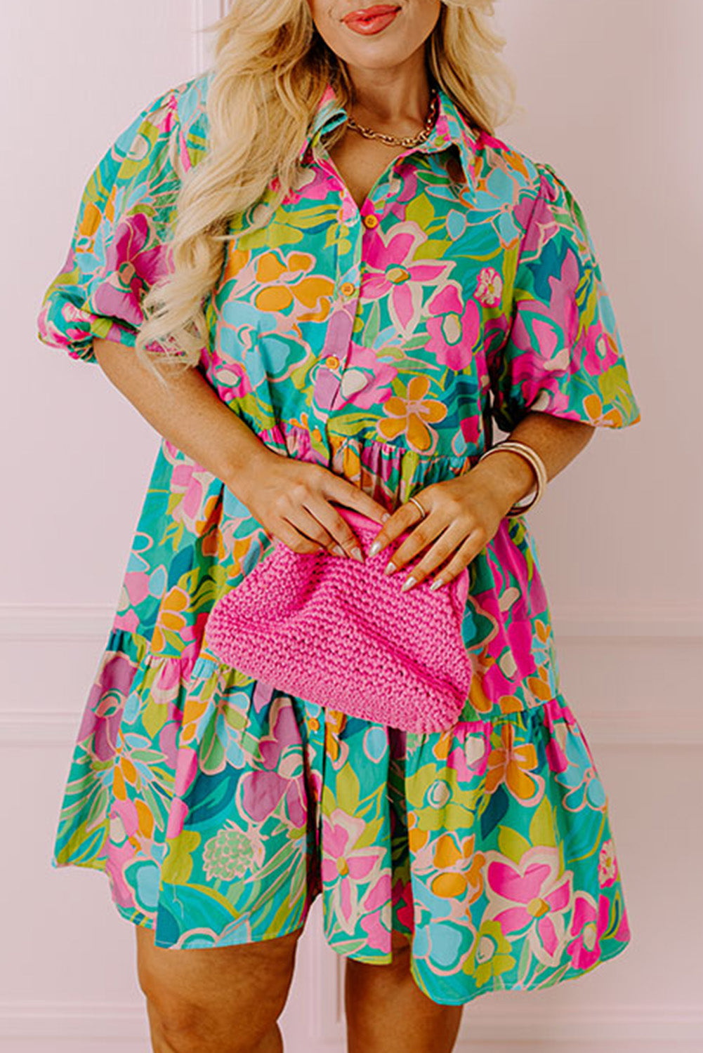 Plus Size Floral Print Tiered Shirt Dress