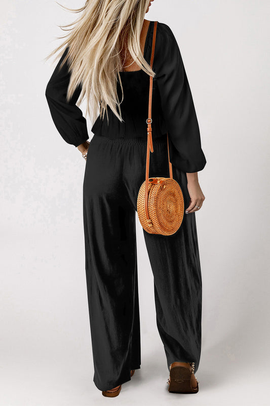 Black Smocked Peplum Top and Pants Set