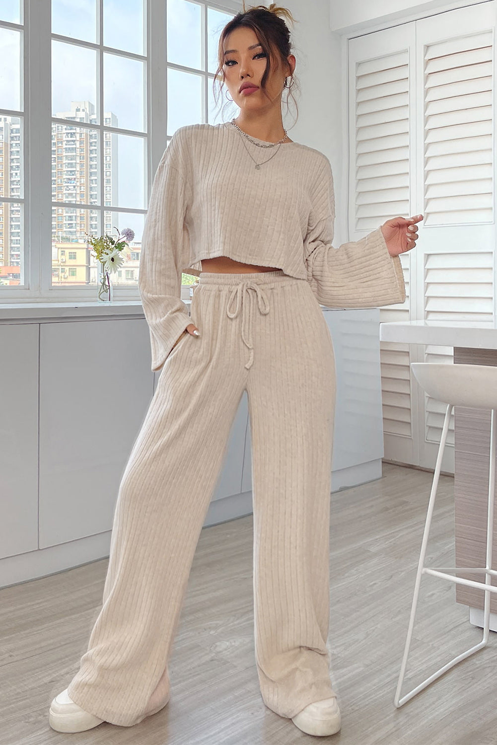 Khaki Bell Sleeve Crop Top & Drawstring Pants Set