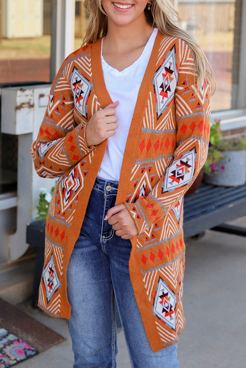 Brown Aztec Geometric Knit Cardigan