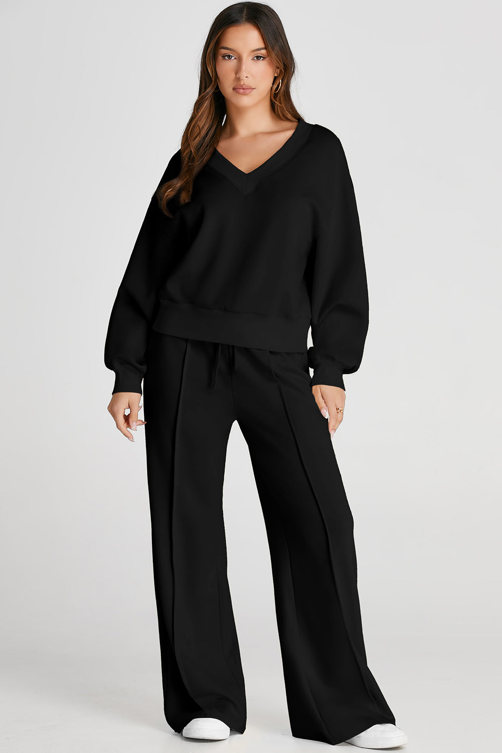 Black V Neck Sweatshirt & Seamed High Waist Pants Set