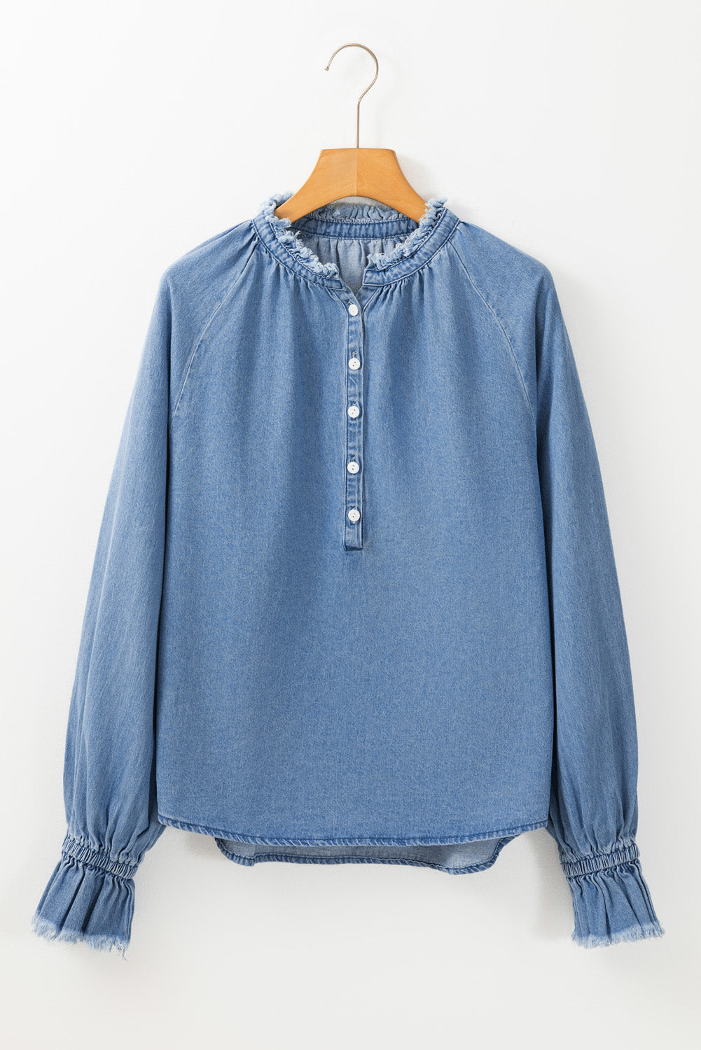 Sky Blue Frilled Raw Hem Buttoned Denim Top