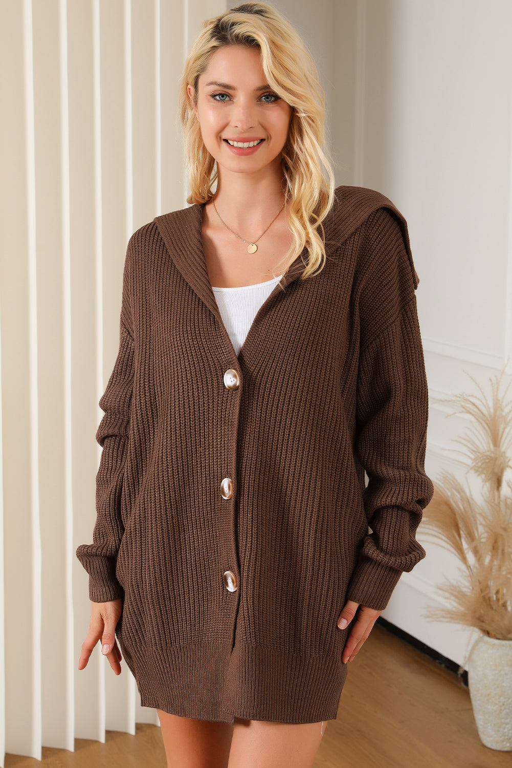 Brown Chunky Lapel Collar Button up Cardigan