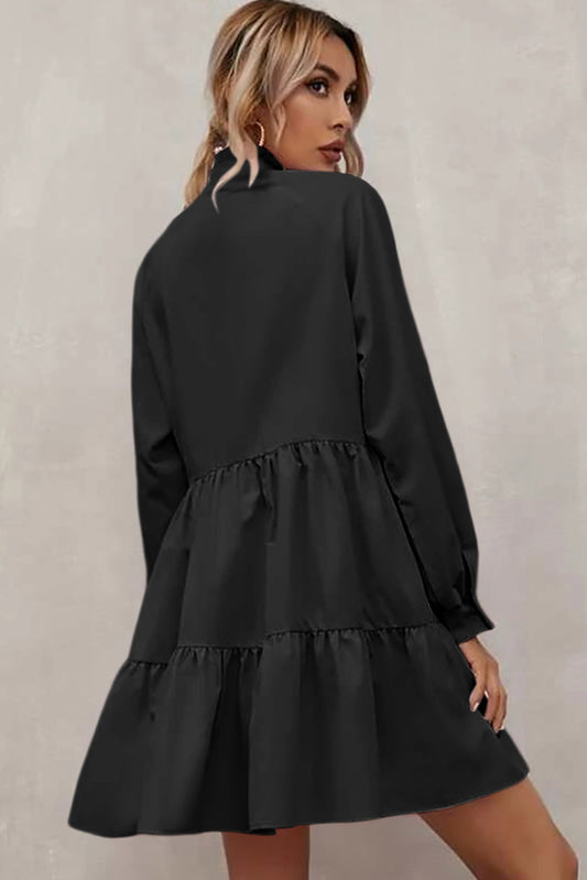 Frilled Stand Collar Long Sleeve Ruffle Dress