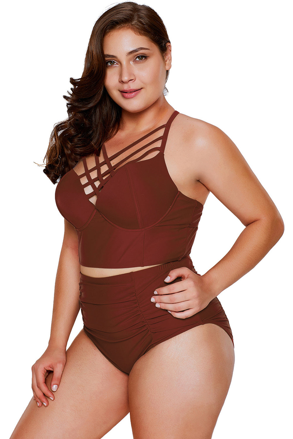 Black Strappy Neck Detail High Waist Plus Size Swimsuit