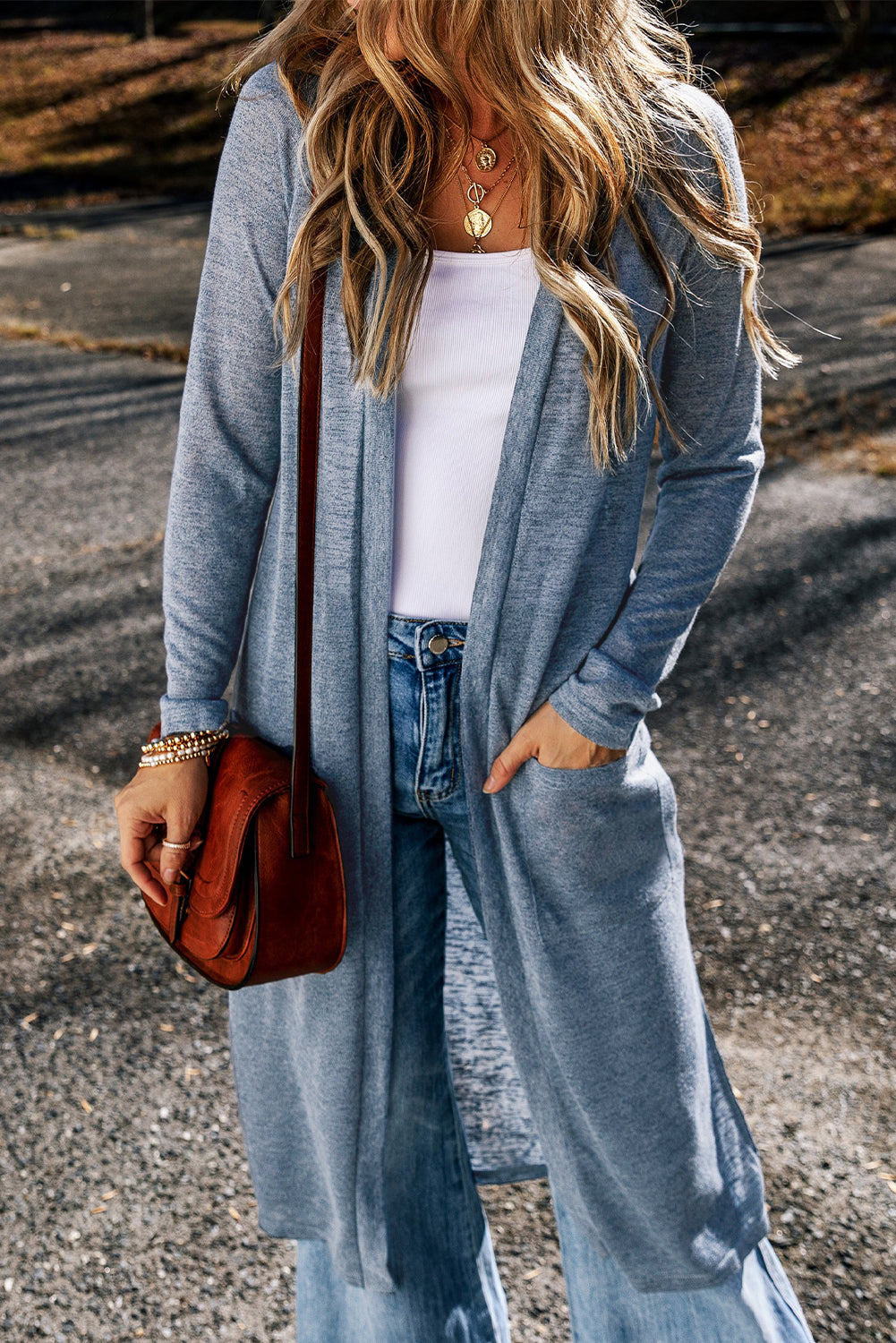 Blue Knit Pocketed Maxi Cardigan