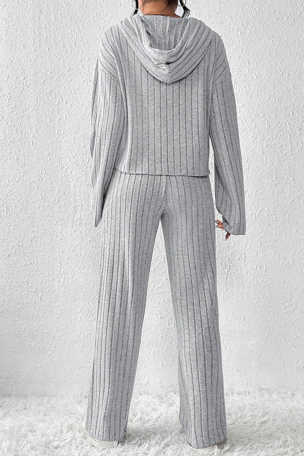 Ribbed Knit Slouchy Hoodie Wide Leg Pants Set