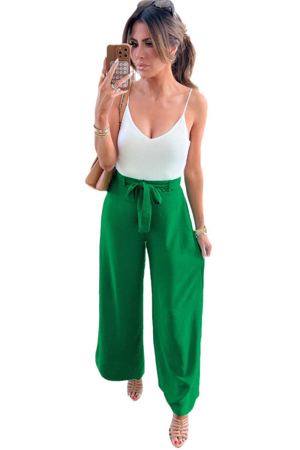 Bright Green High Waisted Belted Wide Leg Pants