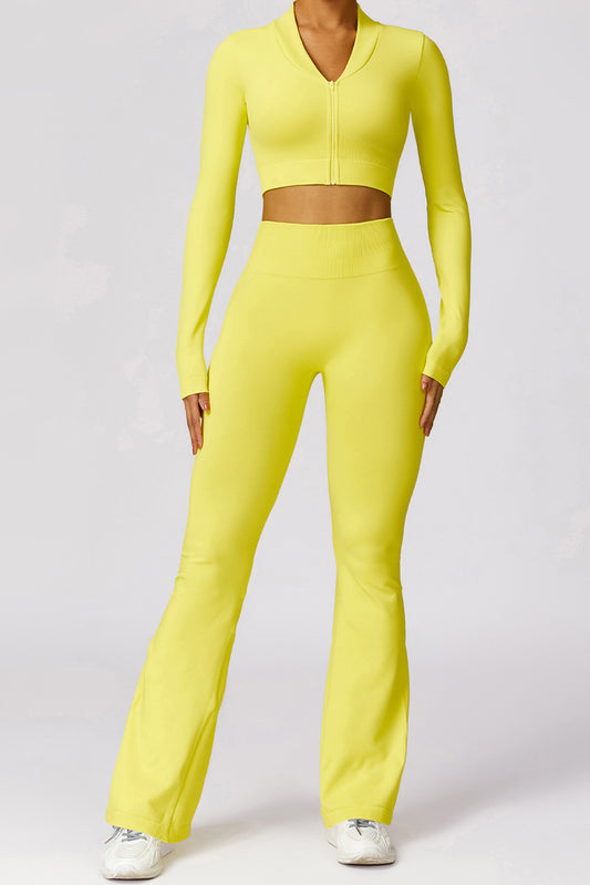 Yellow Long Sleeve Crop Top Flare Pant Workout Set