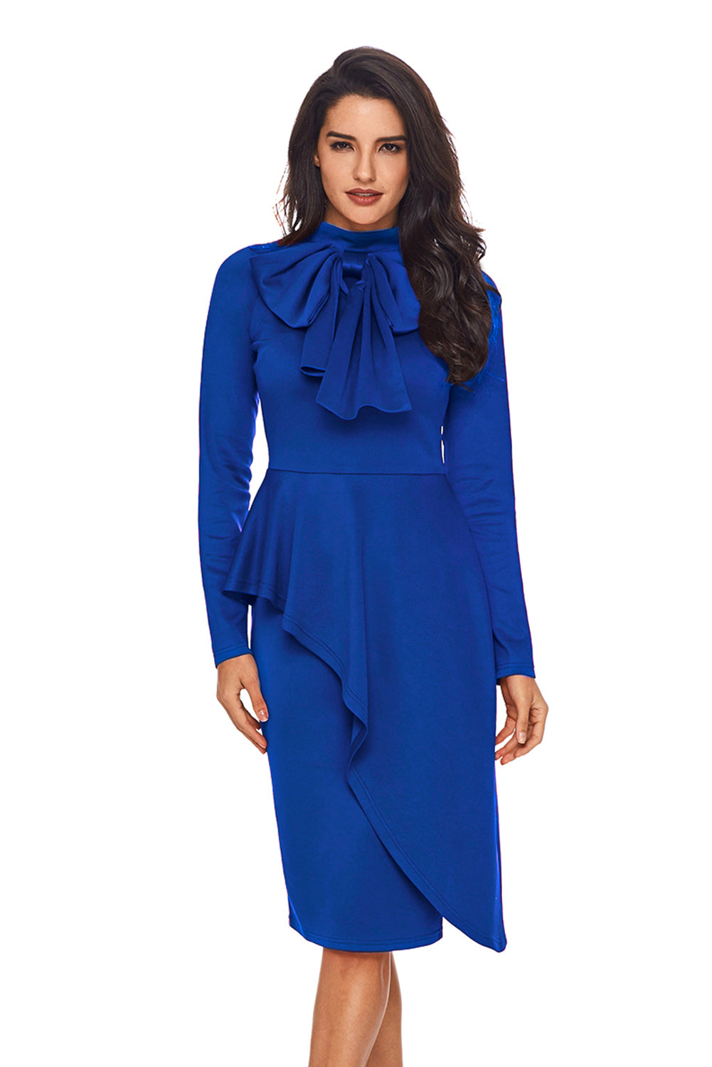 Modest Asymmetric Peplum Style Bow Dress