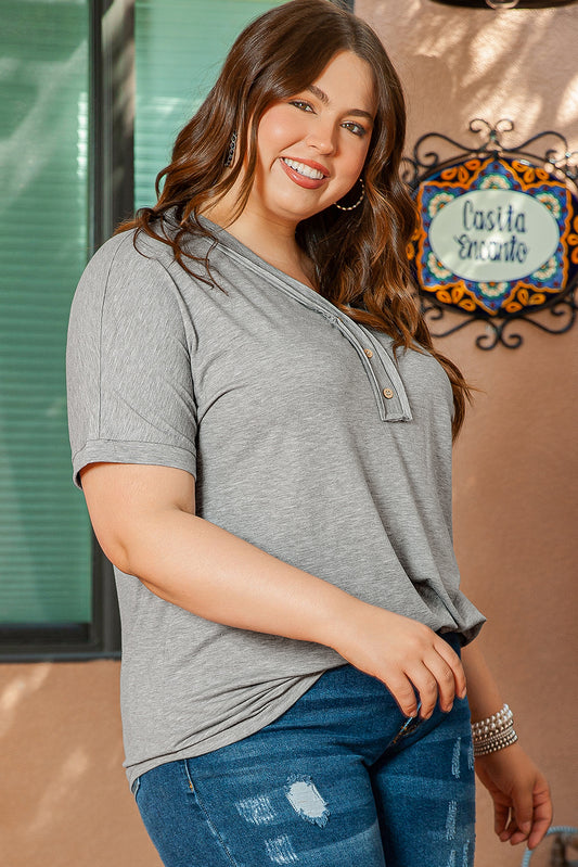 Gray Plus Size Buttoned V Neck Top