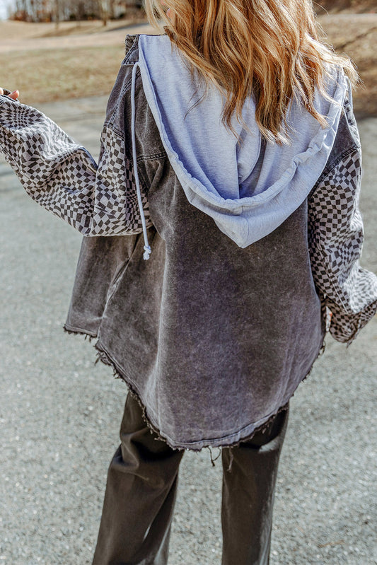 Gray Checkered Hooded Denim Jacket