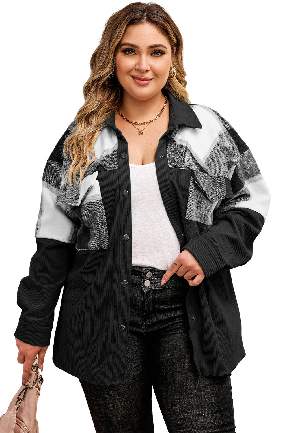 Black Plaid Patchwork Plus Size Corduroy jacket