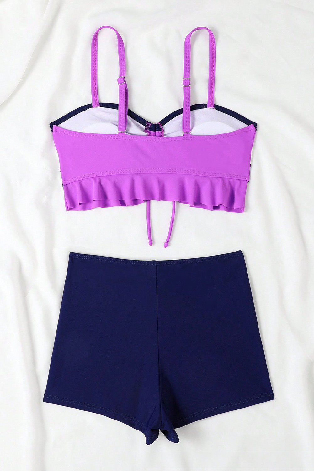 Dark Purple Colorblock Ruffleded Top Boy Shorts Bikini