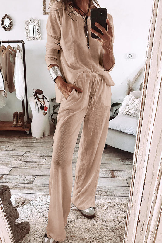 Parchment Textured Top and Bottom Loungewear Set (Curvy Sizes)