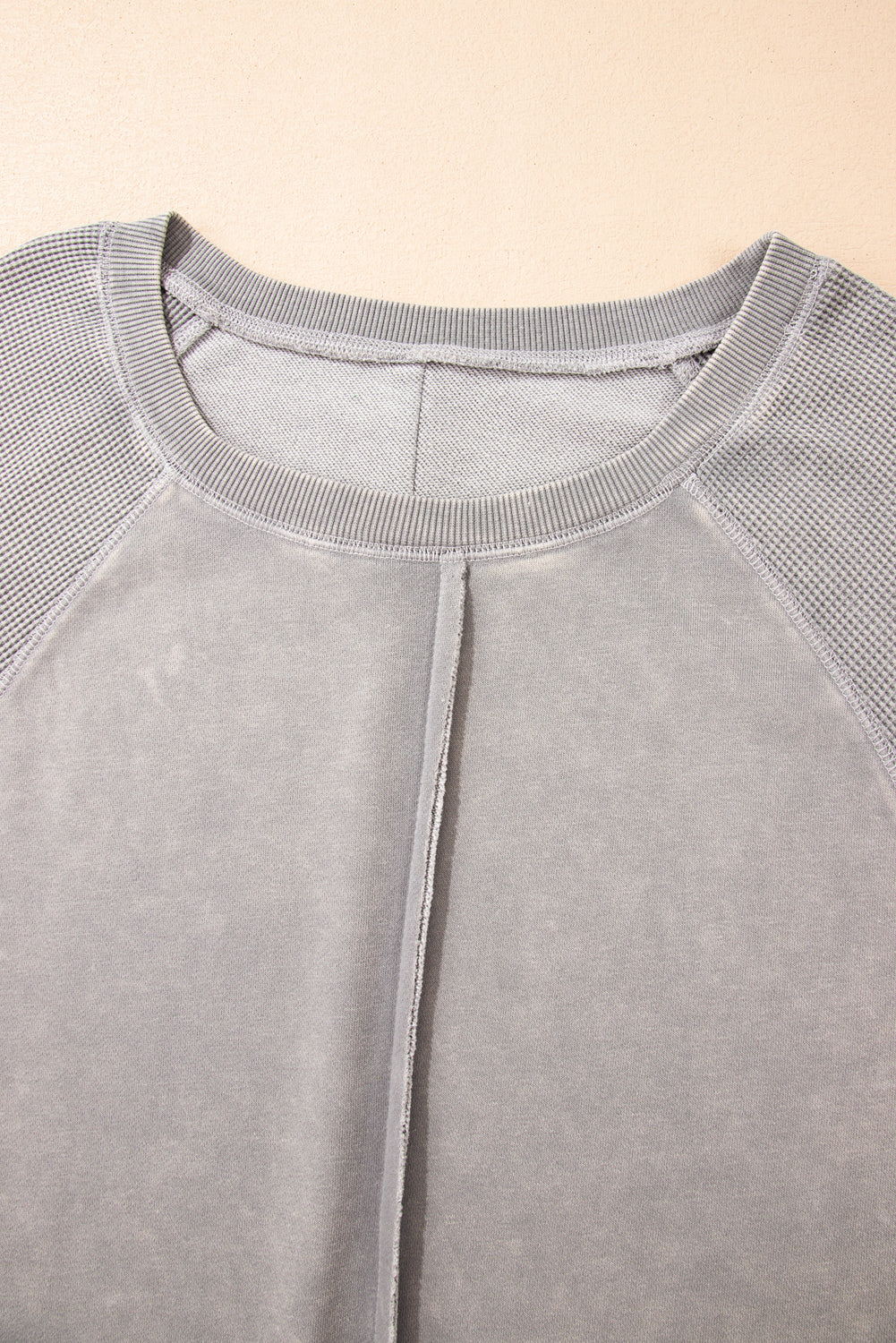 Waffle Patchwork Raglan Sleeve Exposed Seam Sweatshirt