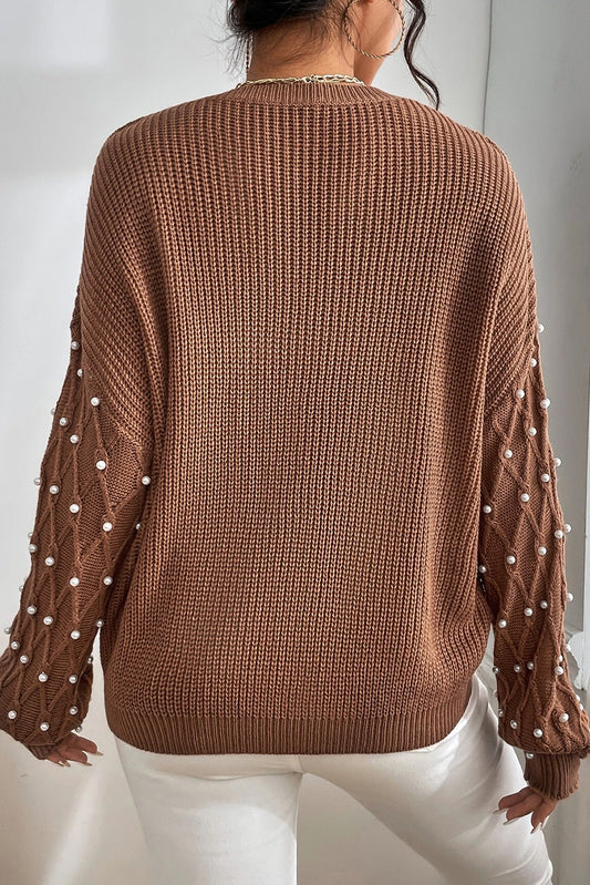 Chestnut Beaded Drop Shoulder Round Neck Sweater