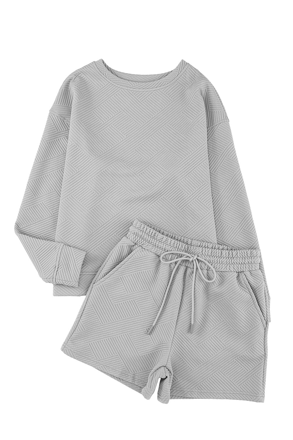 Green Textured Long Sleeve Top and Drawstring Shorts Set