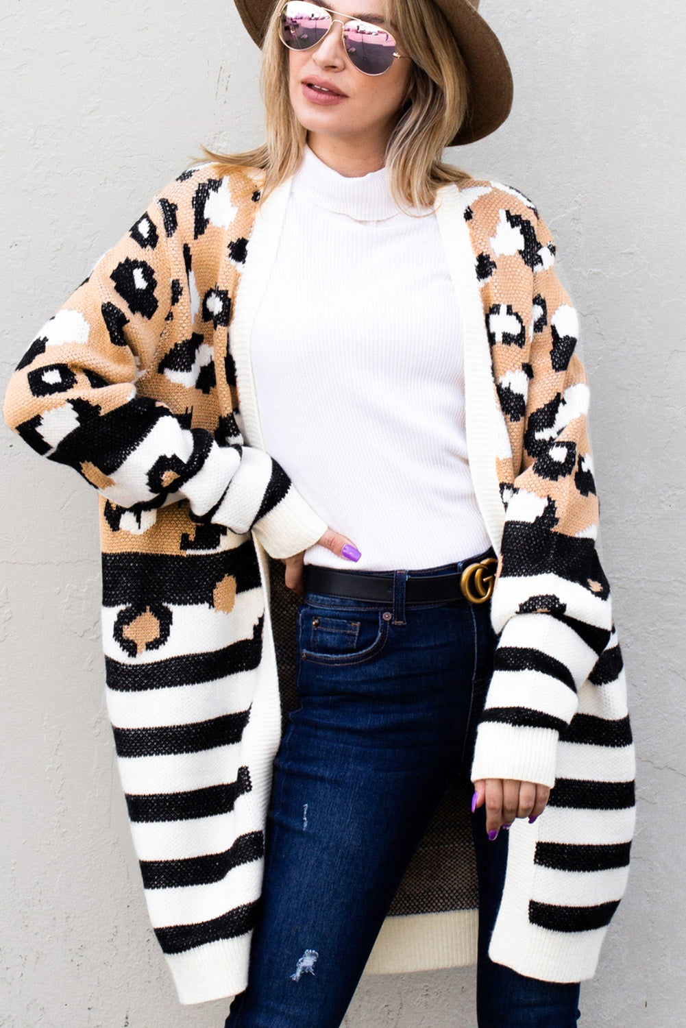 Brown Leopard Striped Mixed Print Cardigan