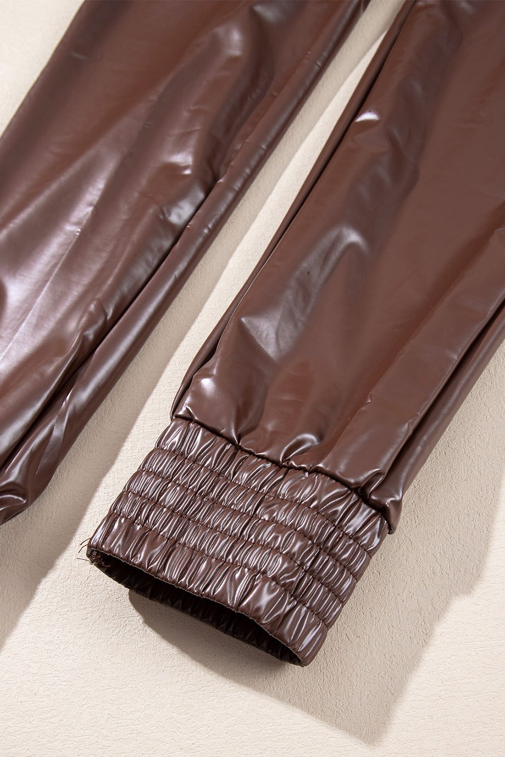 Brown Smocked High Waist Leather PU Skinny Pants