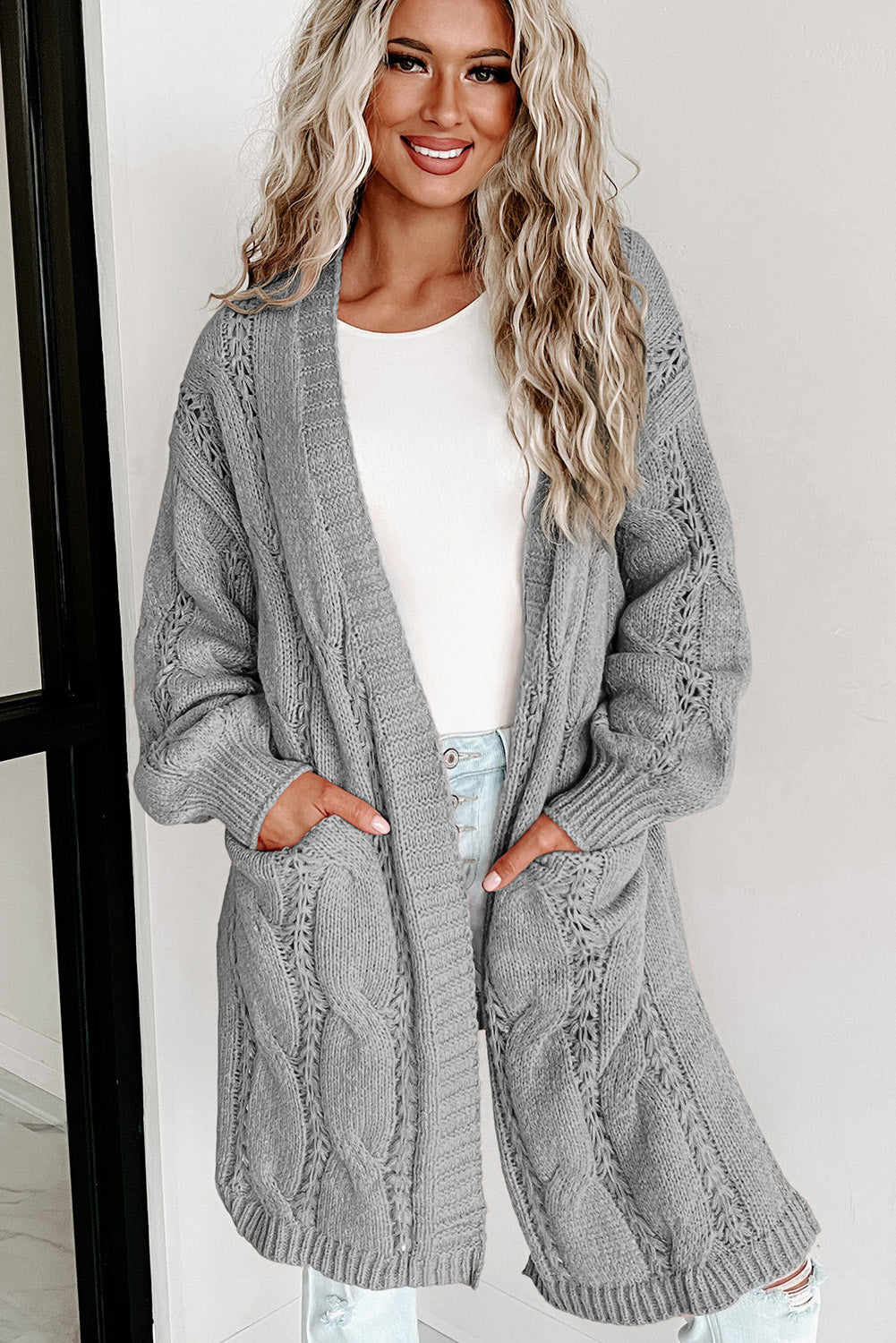 Ribbed Trim Cable Knit Cardigan