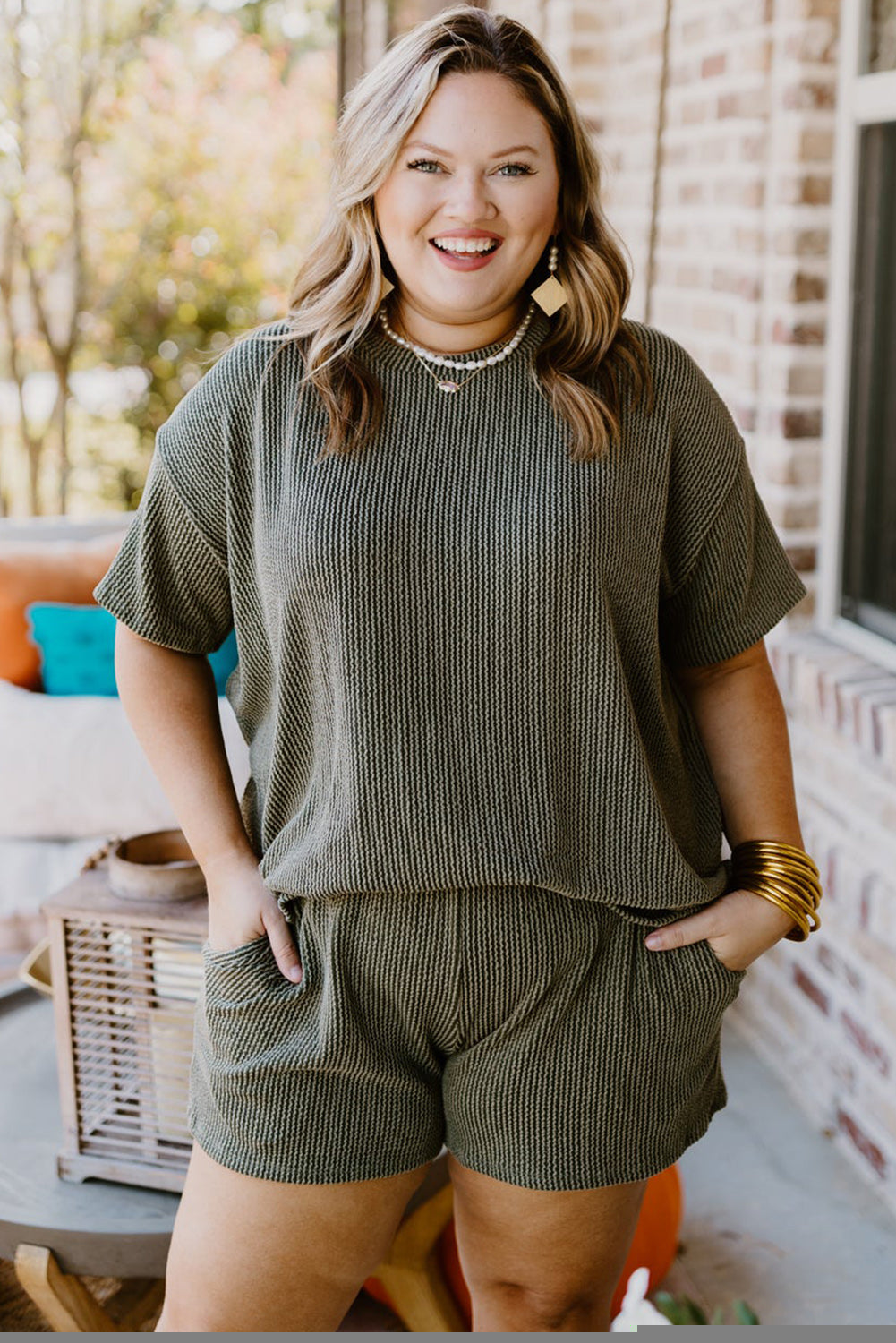 Moss Green Plus Size Rib Knit Shorts Set