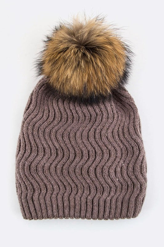 Raccoon Fur PomPom Chevron Knit Beanie