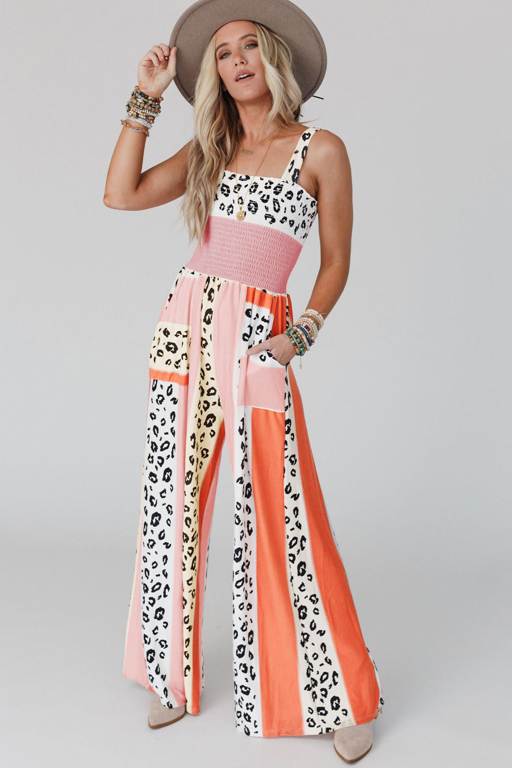 Pink Leopard Color Print Pocketed Jumpsuit