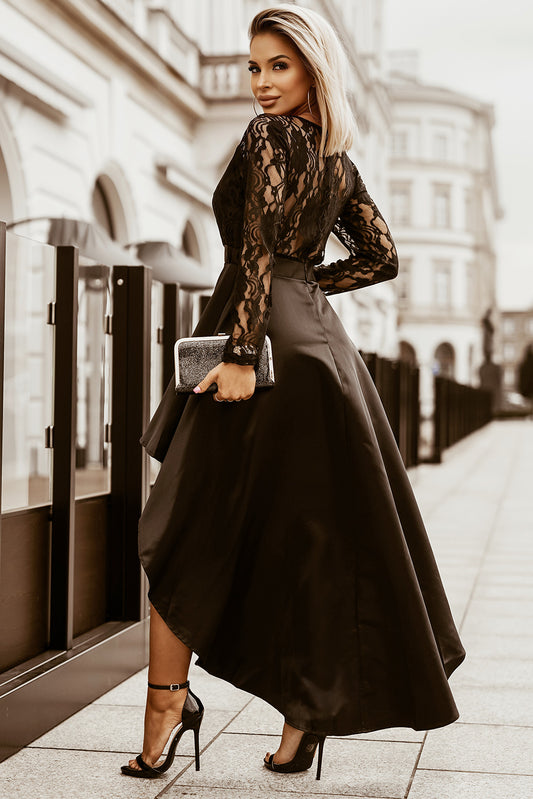 Black Long Sleeve Lace High Satin Dress