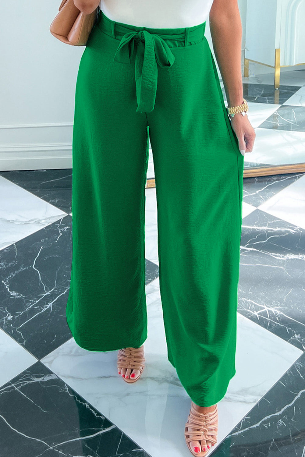 Bright Green High Waisted Belted Wide Leg Pants