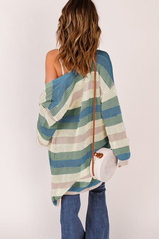 Green Striped Color Block Knit Cardigan