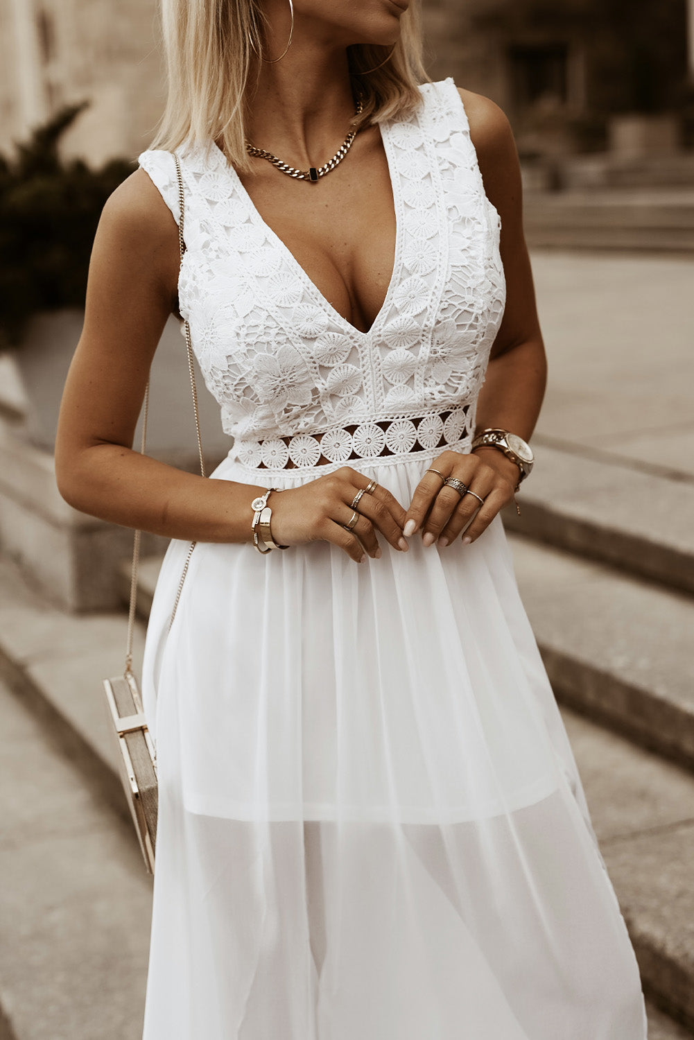 Sexy White V-Neck Maxi Dress