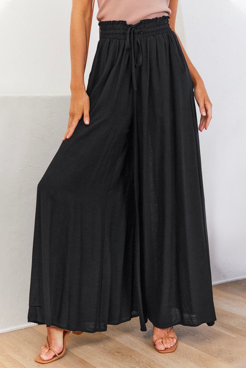 Black Drawstring High Waist Wide Leg Pants