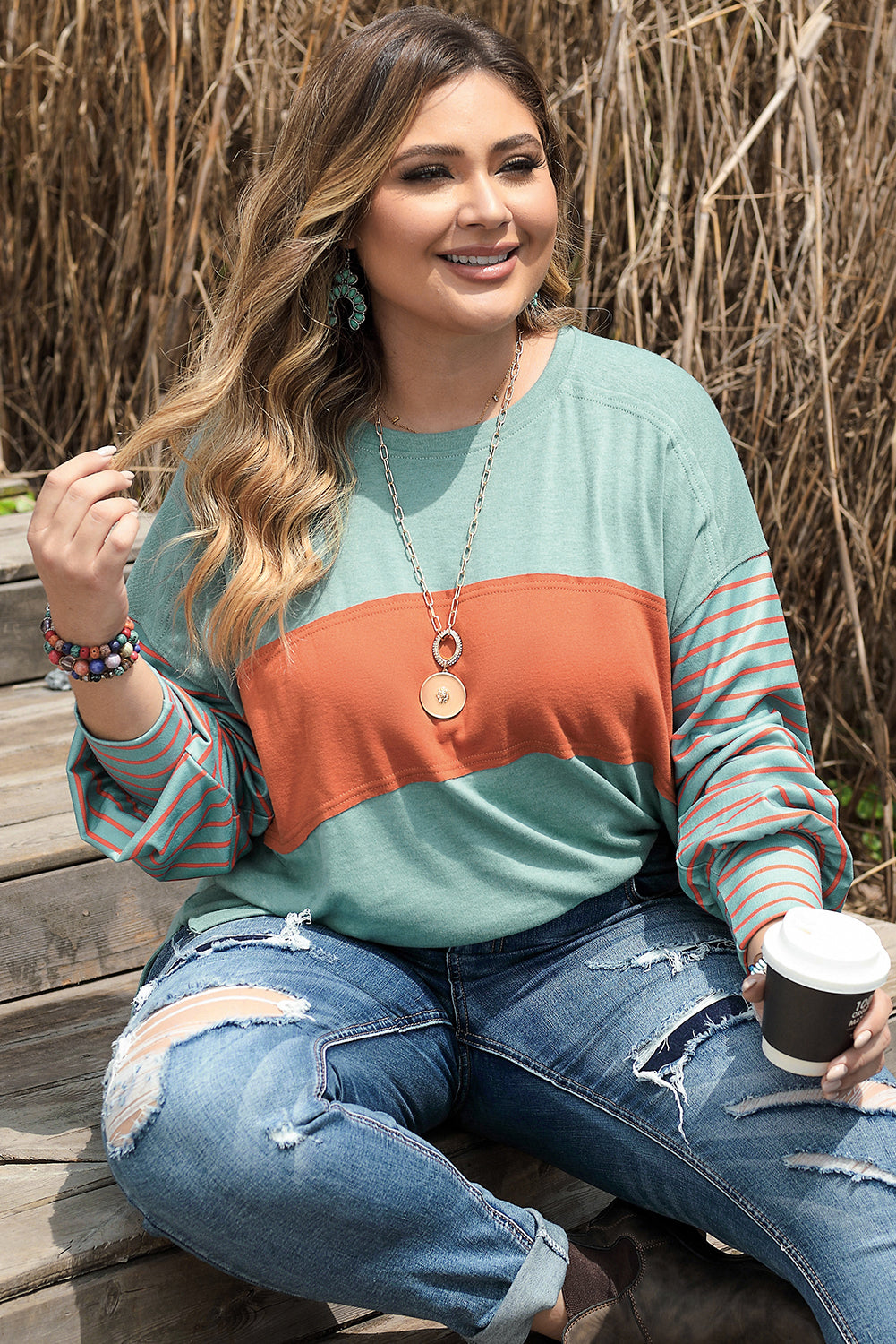 Green Plus Size Striped Colorblock Tee with Slits