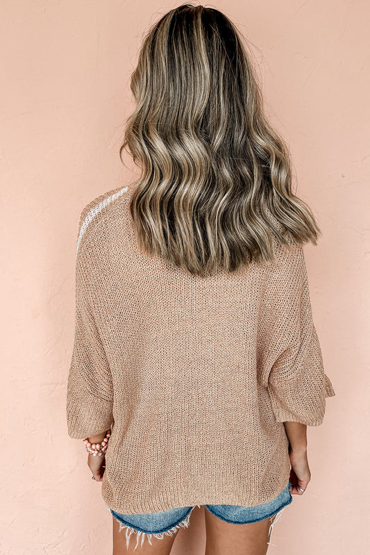 Beige Contrast Striped 3/4 Sleeve Crew Neck Sweater