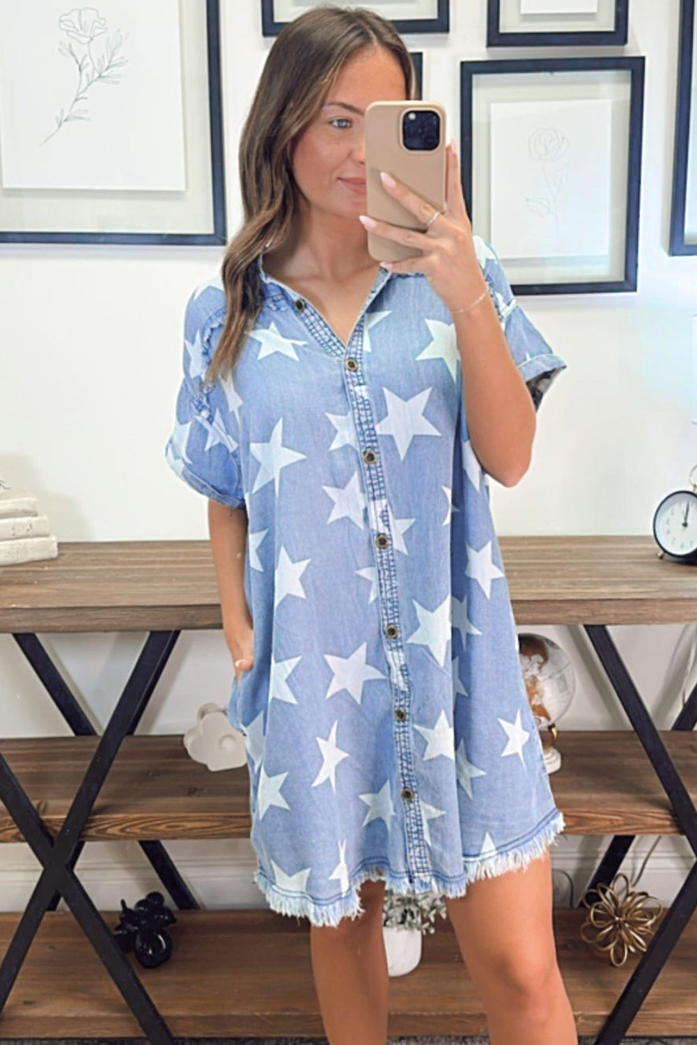 Sky Blue Stars Frayed Hem Denim Dress