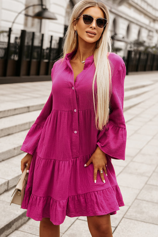 Rose Crinkled Tiered  Shirt Dress