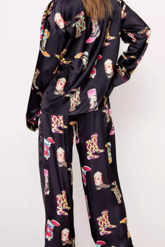 Black Western Cowgirl Boots Satin Pajama Set