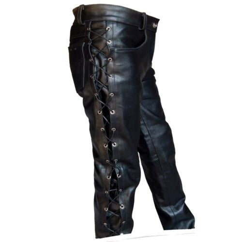 Men Solid Color PU Strap Casual Leather Pants