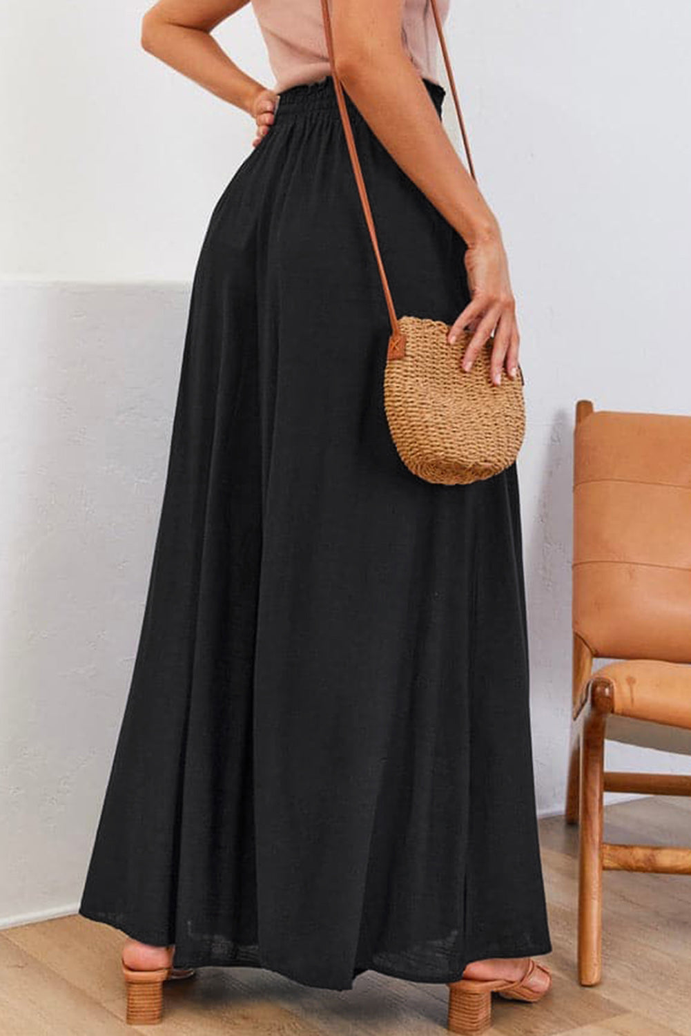 Black Drawstring High Waist Wide Leg Pants