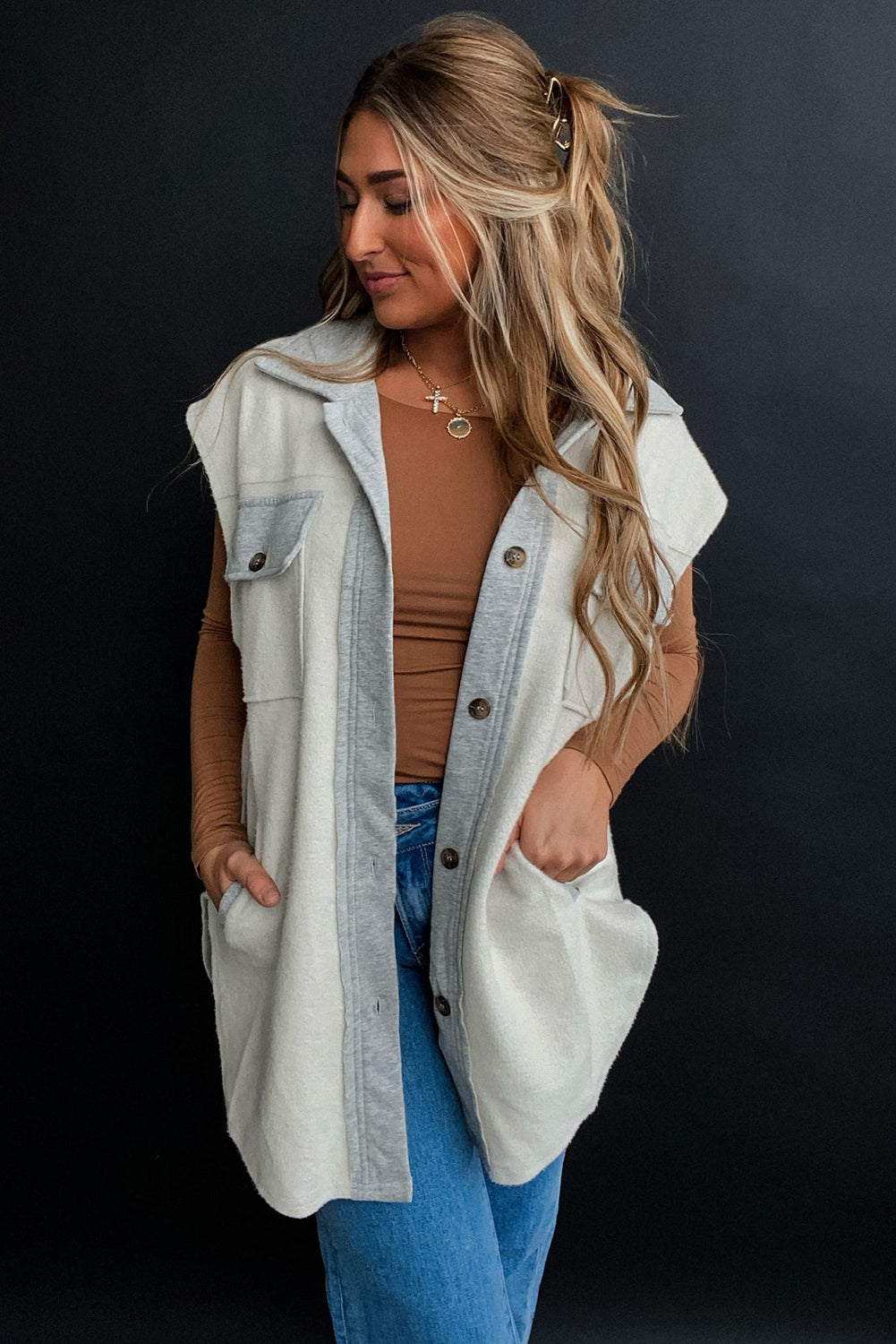 Light Grey Flap Pocket Jacket Vest(Available In Plus Sizes)