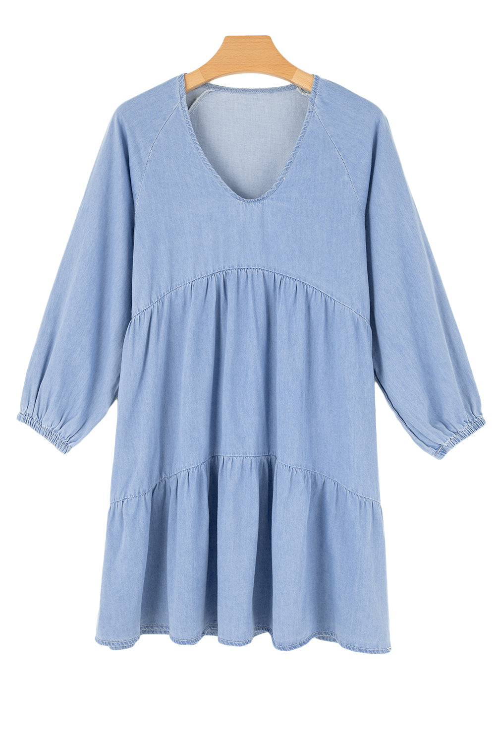 Blue Puff Sleeve Tiered Ruffled Chambray Mini Dress