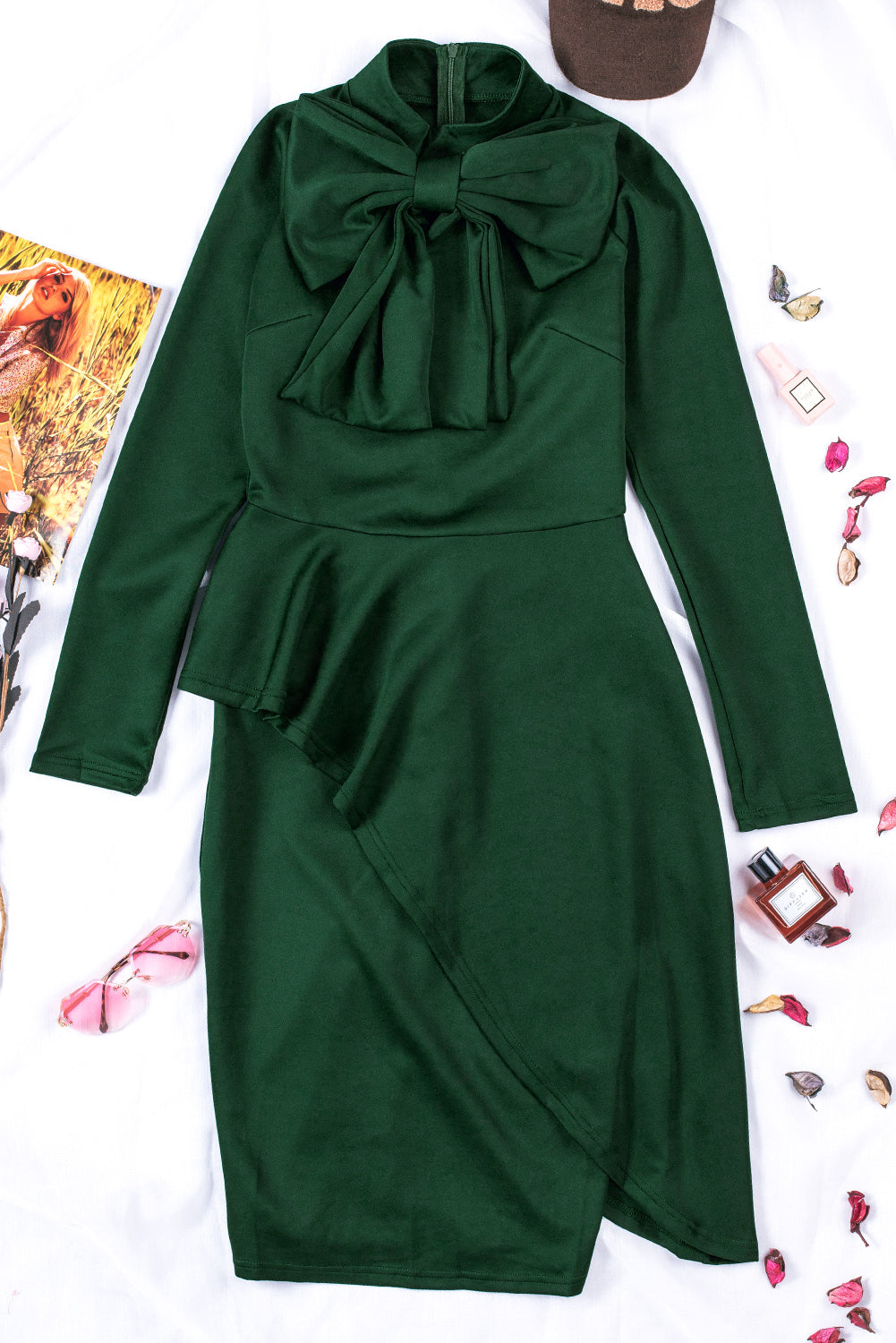 Modest Asymmetric Peplum Style Bow Dress