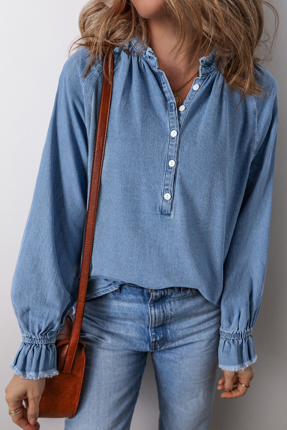 Sky Blue Frilled Raw Hem Buttoned Denim Top