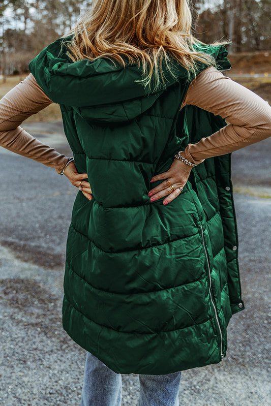 Green Hooded Quilted Long Vest Coat