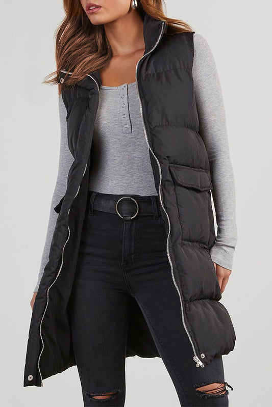 Black Solid Color Quilted Vest Coat