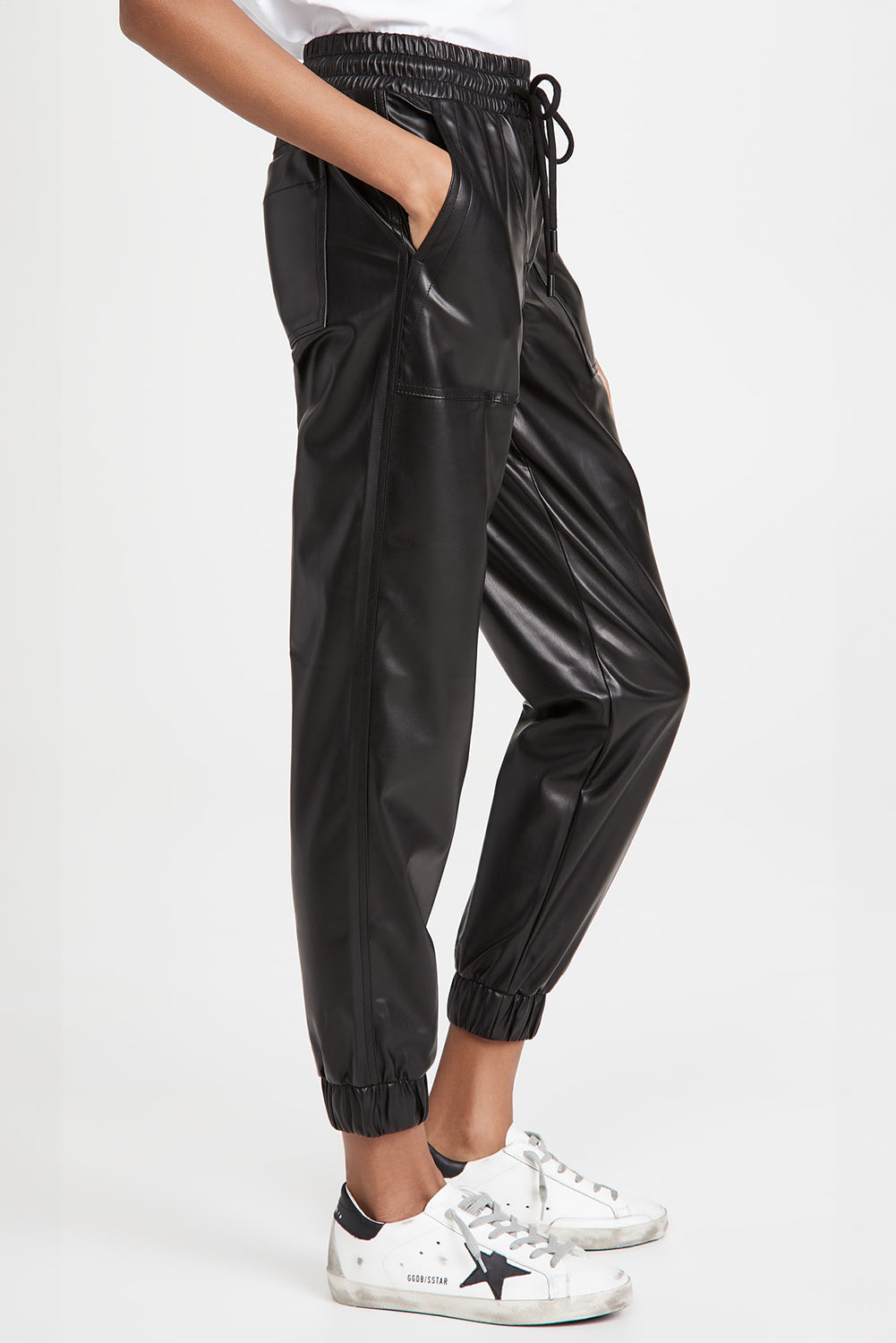 Black Faux Leather Look Drawstring Cropped Pants